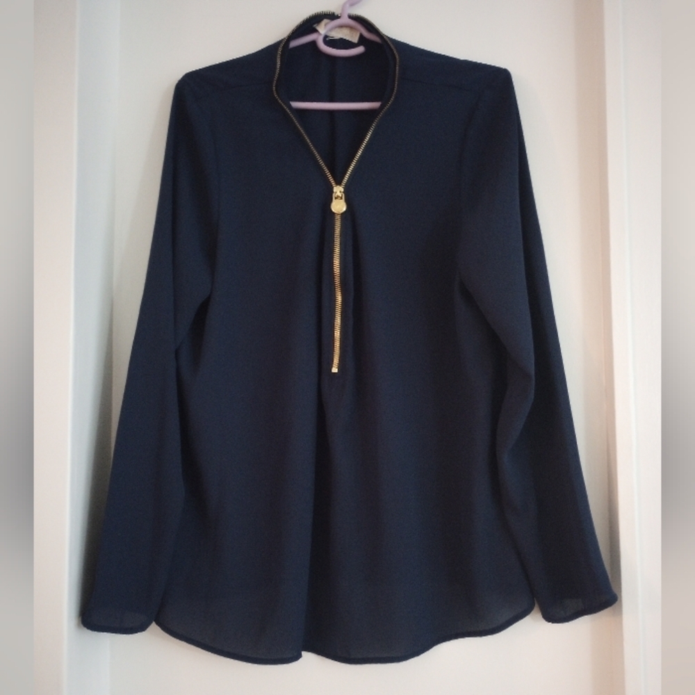 Michael Kors Navy Long Sleeve Sheer Blouse with Gold Zip Size Medium